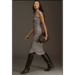 Maeve One Shoulder Dress Womens Size 10 Black Pink Plaid Asymmetric Side Slit